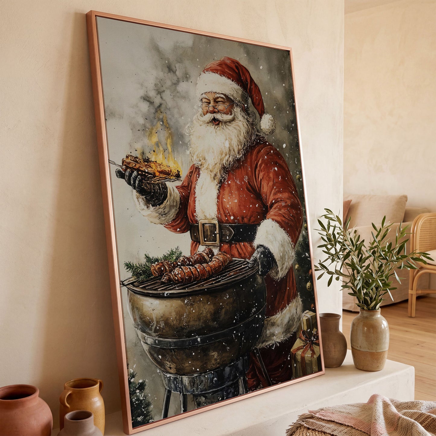 Santa at the Grill Canvas Print in rose gold floating frame