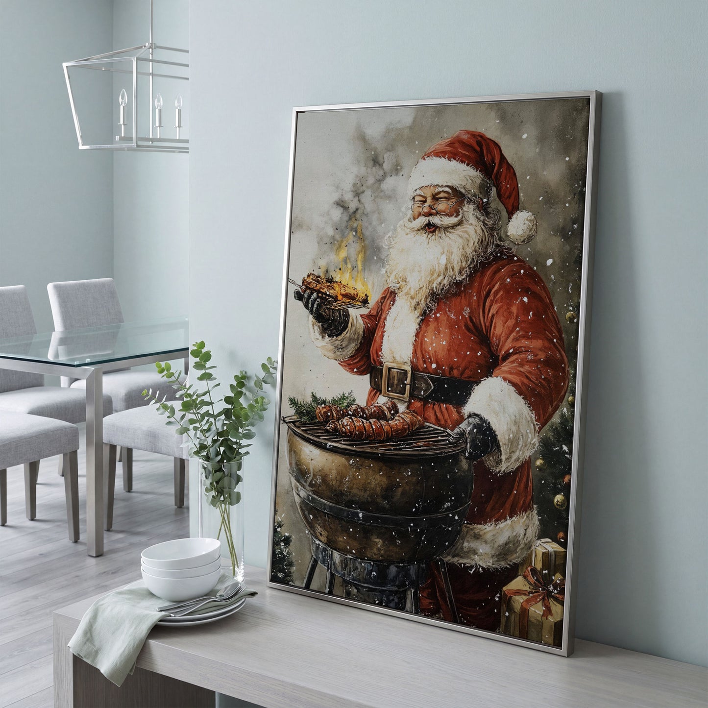 Santa at the Grill Canvas Print in silver floating frame