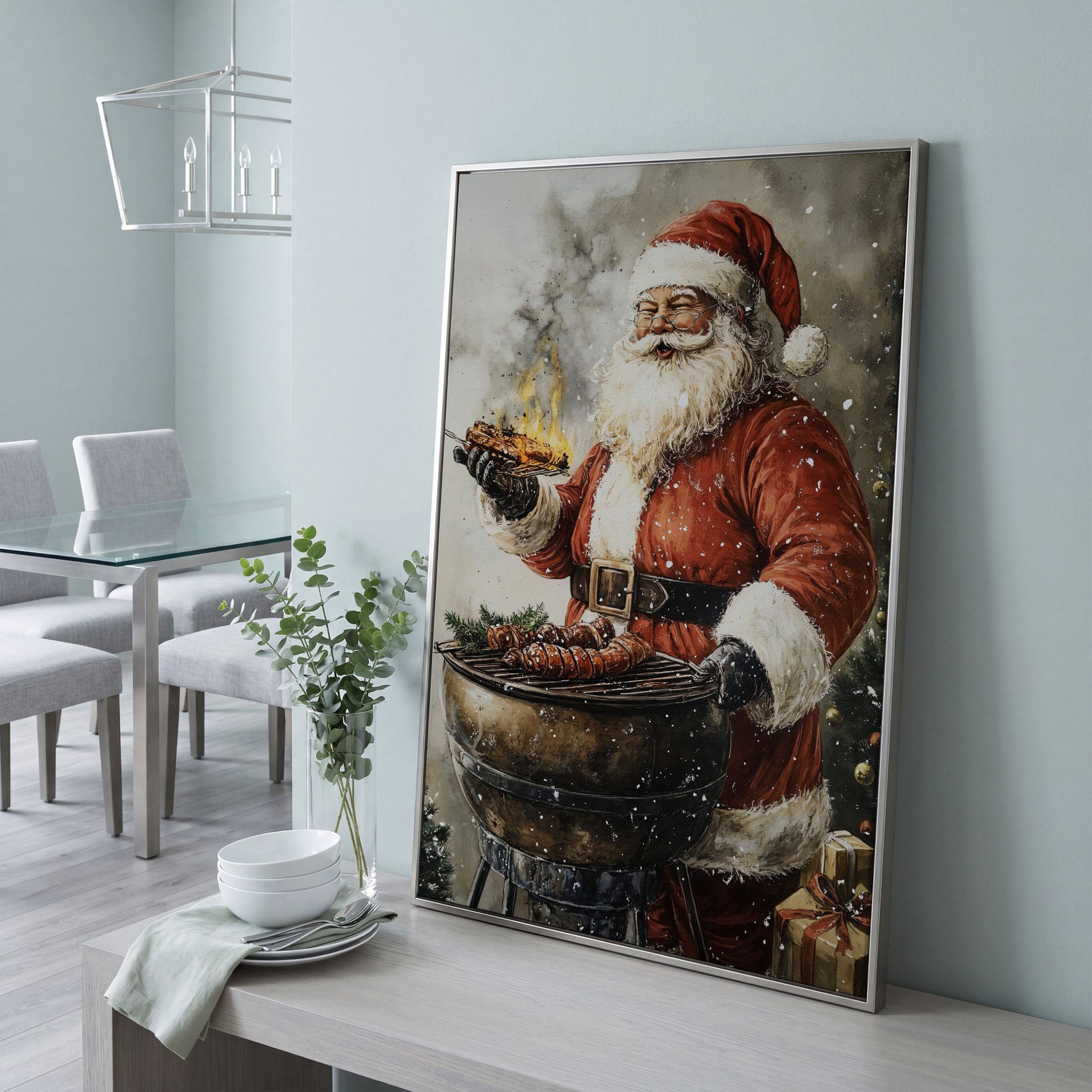 Santa at the Grill Canvas Print in silver floating frame