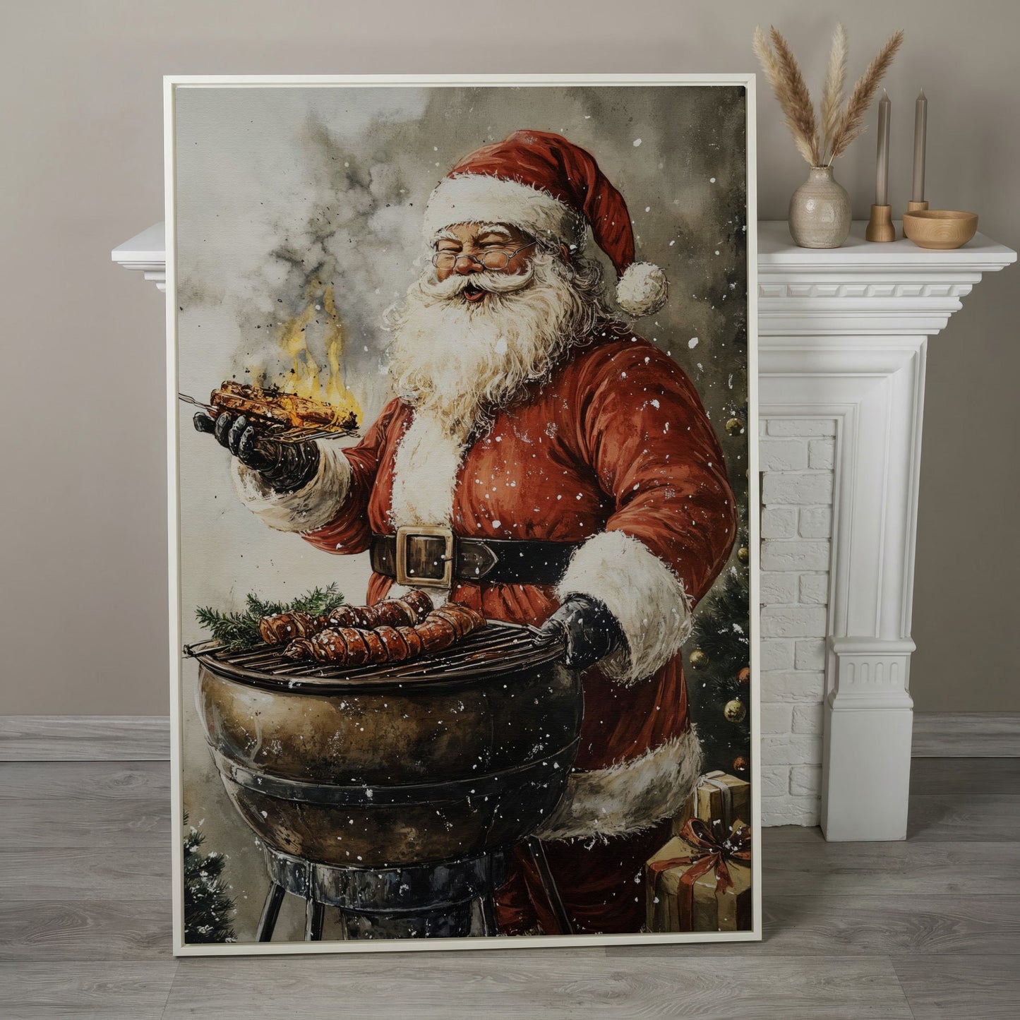 Santa at the Grill Canvas Print in white floating frame