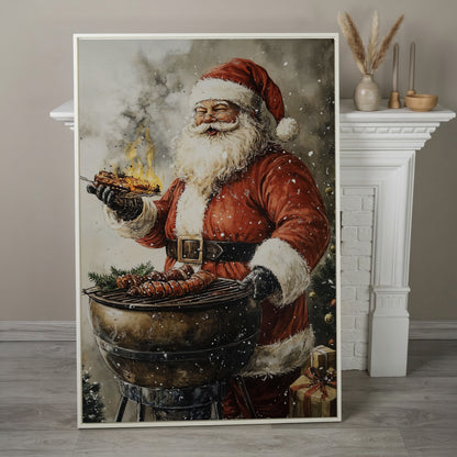 Santa at the Grill Canvas Print in white floating frame