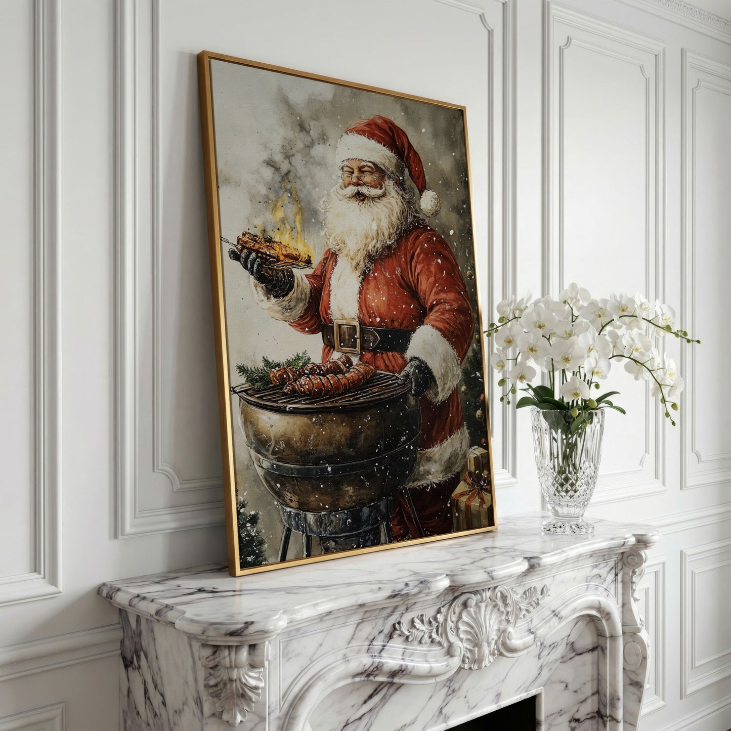 Santa at the Grill Canvas Print in yellow gold floating frame