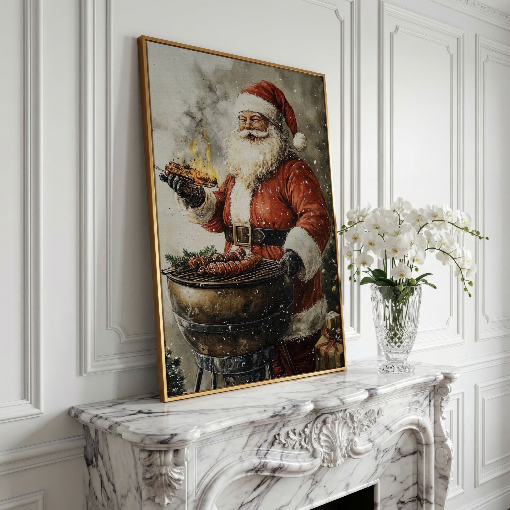 Santa at the Grill Canvas Print in yellow gold floating frame