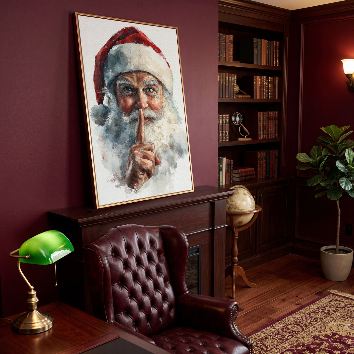 Santa's Shhh Gesture Canvas Print in antique gold floating frame