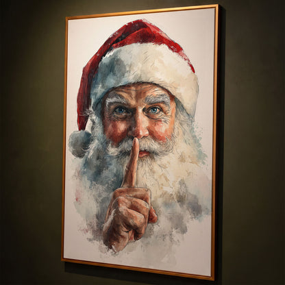 Santa's Shhh Gesture Canvas Print shown in antique gold floating frame