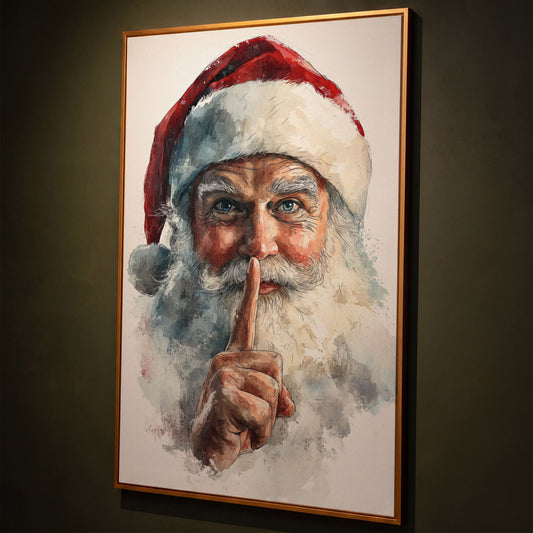 Santa's Shhh Gesture Canvas Print shown in antique gold floating frame