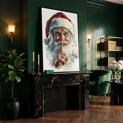 Santa's Shhh Gesture Canvas Print in black floating frame