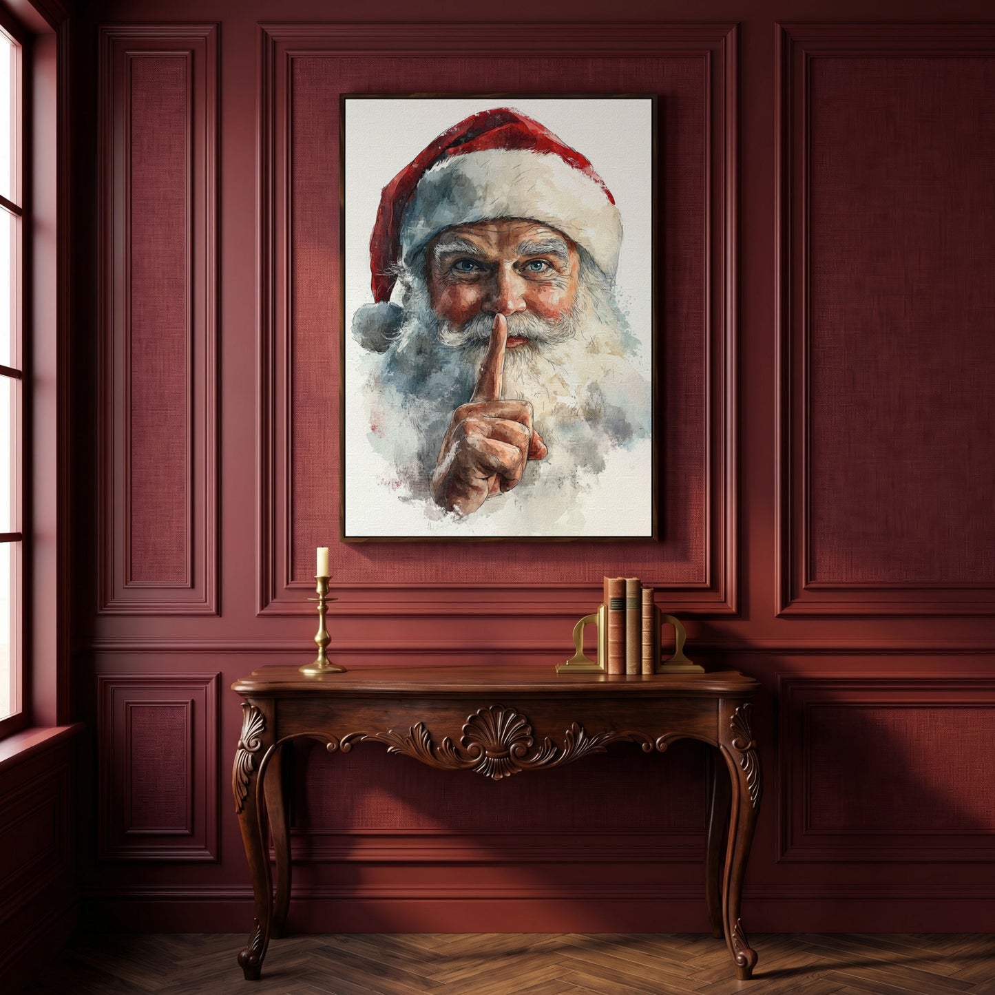 Santa's Shhh Gesture Canvas Print in dark walnut floating frame