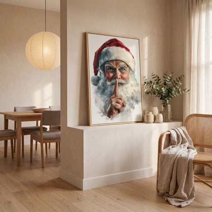 Santa's Shhh Gesture Canvas Print in white oak floating frame