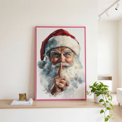 Santa's Shhh Gesture Canvas Print in pink floating frame