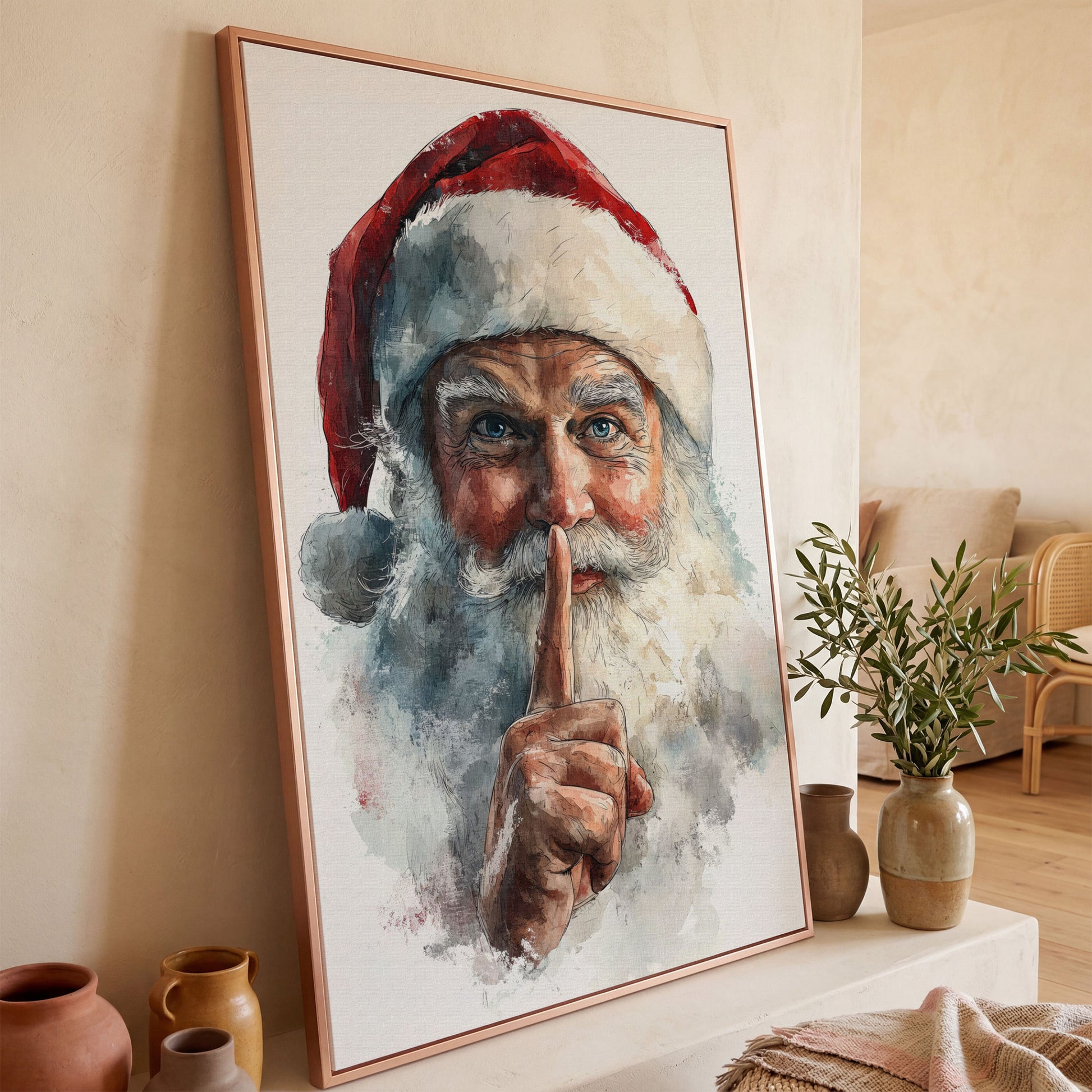 Santa's Shhh Gesture Canvas Print in rose gold floating frame