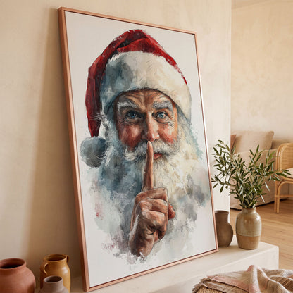 Santa's Shhh Gesture Canvas Print in rose gold floating frame