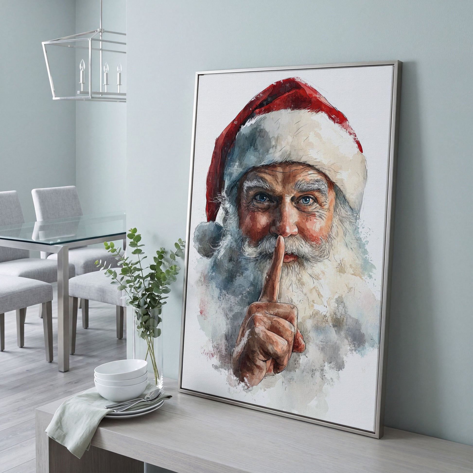 Santa's Shhh Gesture Canvas Print in silver floating frame