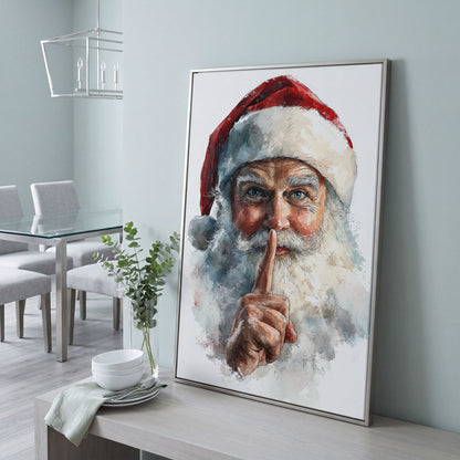 Santa's Shhh Gesture Canvas Print in silver floating frame