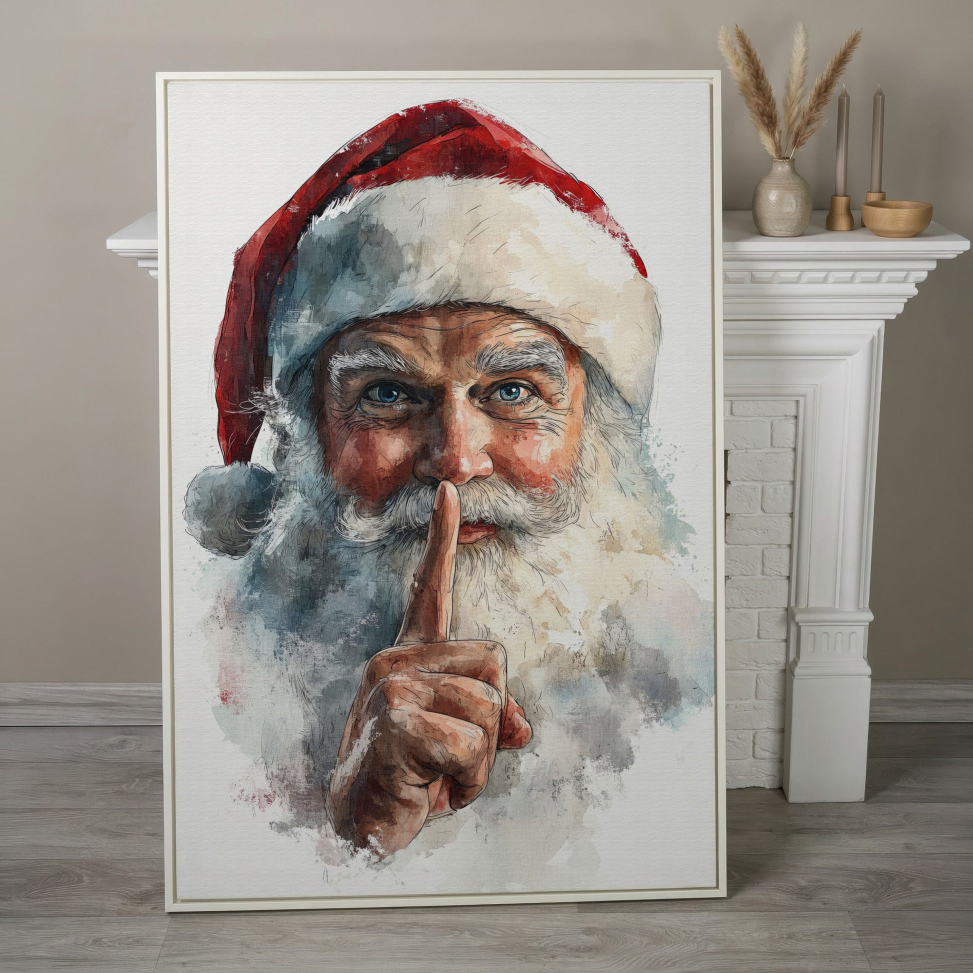 Santa's Shhh Gesture Canvas Print in white floating frame