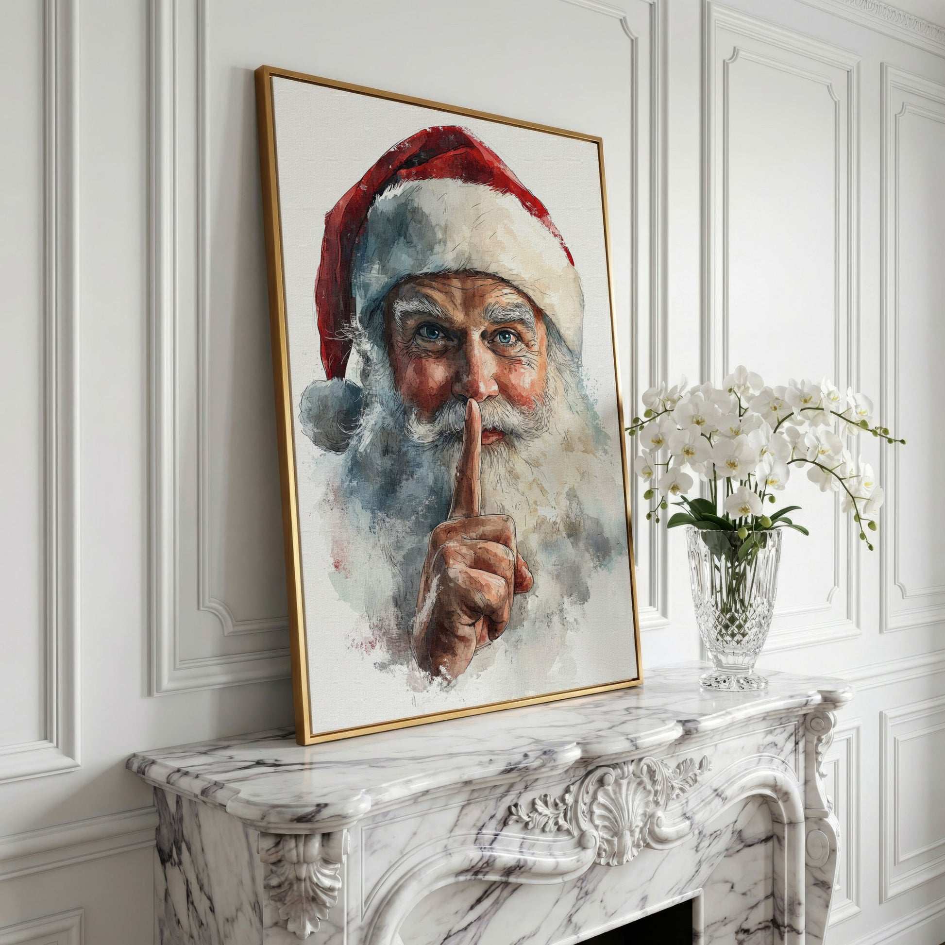 Santa's Shhh Gesture Canvas Print in yellow gold floating frame