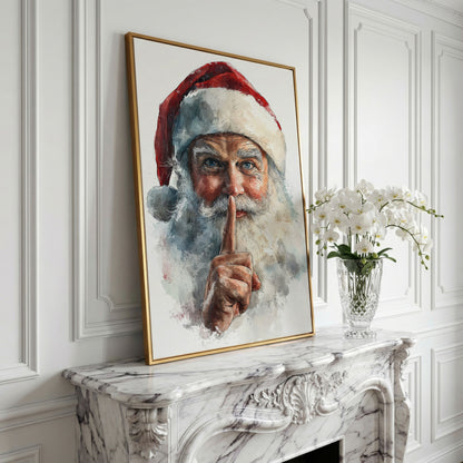 Santa's Shhh Gesture Canvas Print in yellow gold floating frame