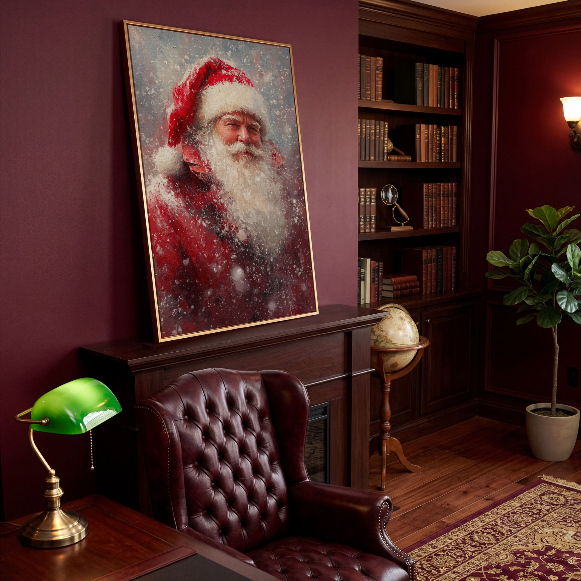 Classic Santa in Snowy Canvas Print in antique gold floating frame