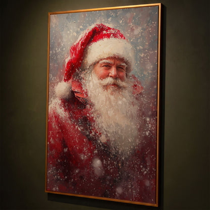 Classic Santa in Snowy Canvas Print shown in antique gold floating frame