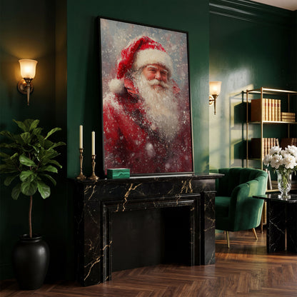 Classic Santa in Snowy Canvas Print in black floating frame