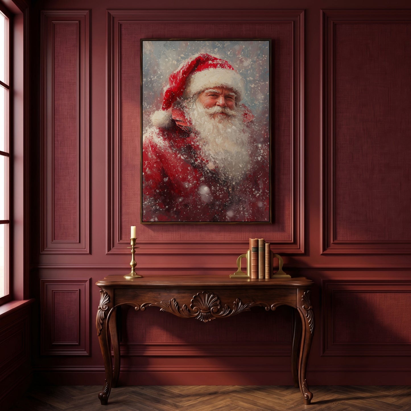 Classic Santa in Snowy Canvas Print in dark walnut floating frame