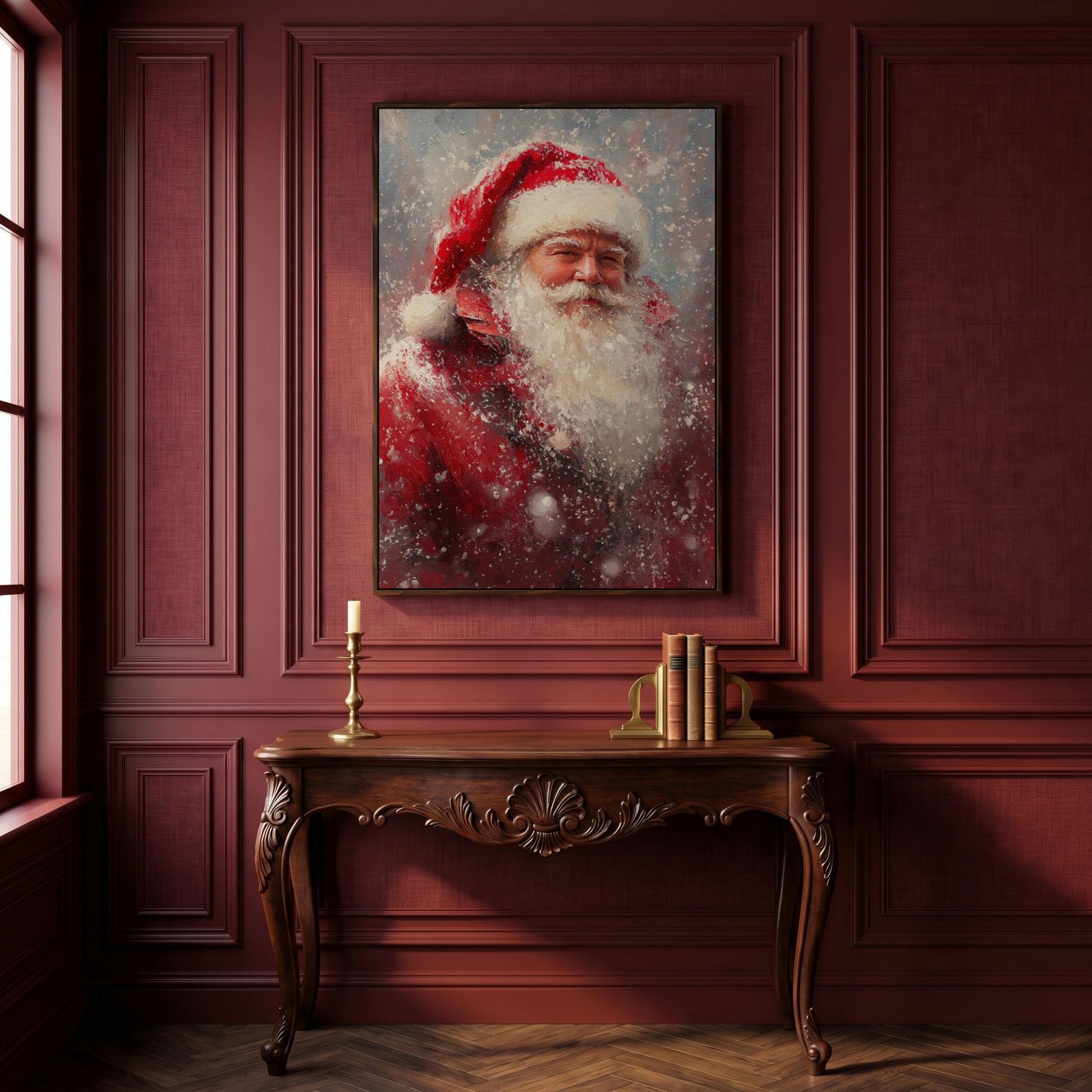 Classic Santa in Snowy Canvas Print in dark walnut floating frame