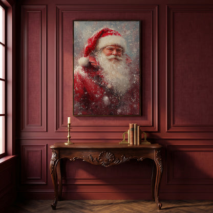 Classic Santa in Snowy Canvas Print in dark walnut floating frame