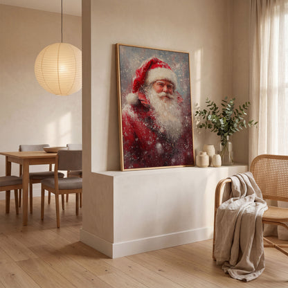 Classic Santa in Snowy Canvas Print in white oak floating frame