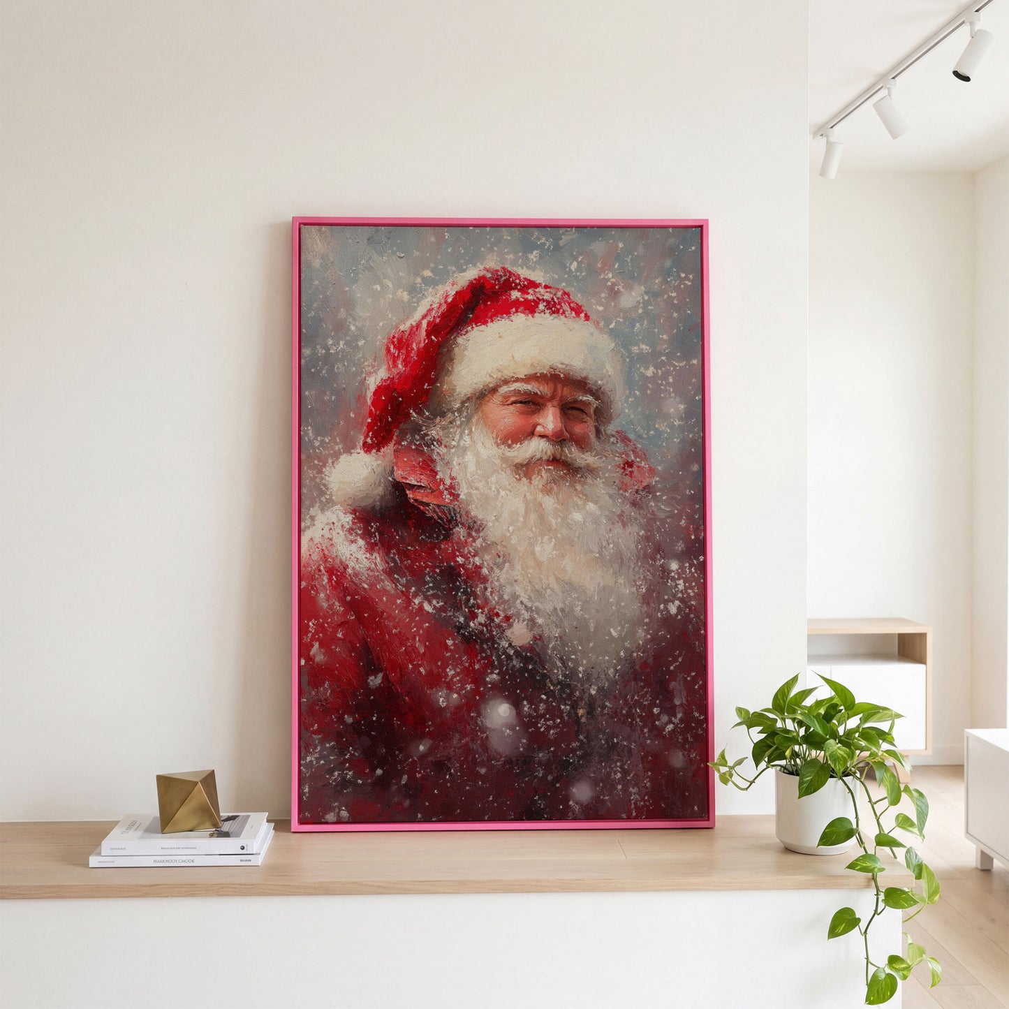 Classic Santa in Snowy Canvas Print in pink floating frame