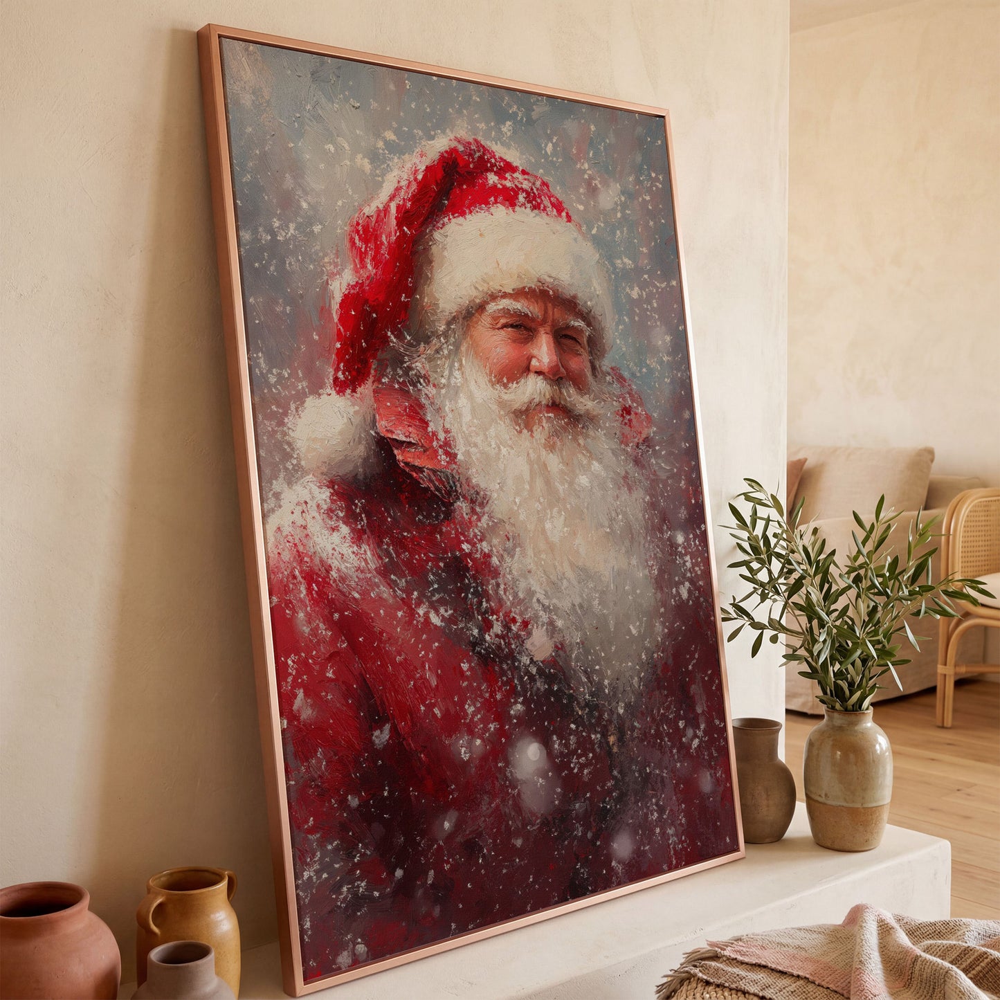 Classic Santa in Snowy Canvas Print in rose gold floating frame