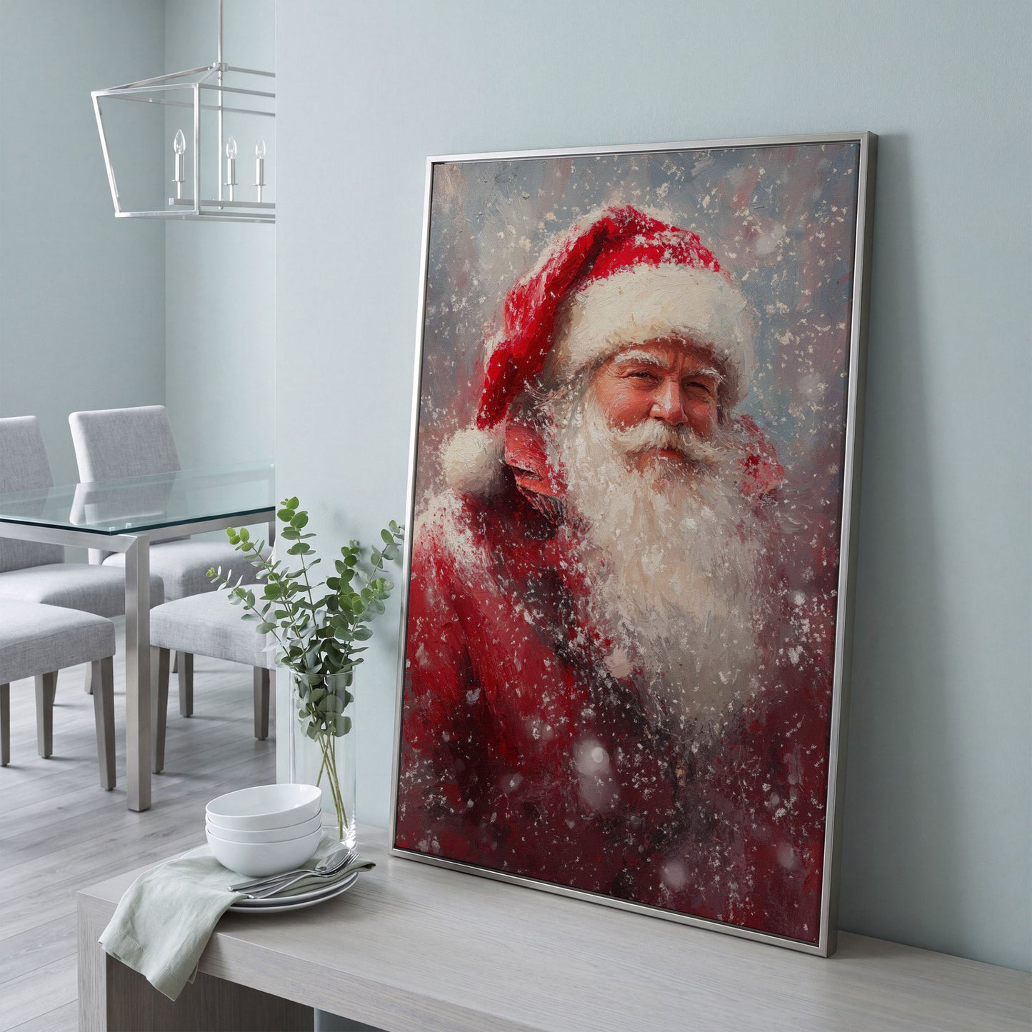 Classic Santa in Snowy Canvas Print in silver floating frame