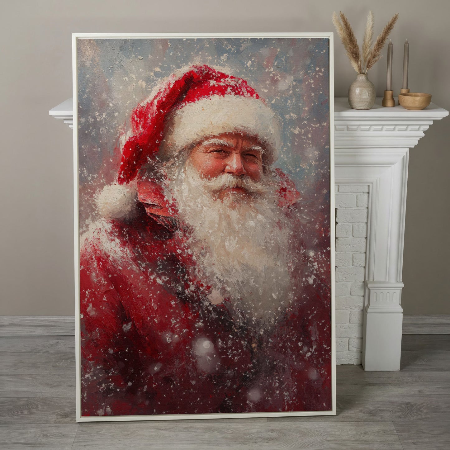 Classic Santa in Snowy Canvas Print in white floating frame