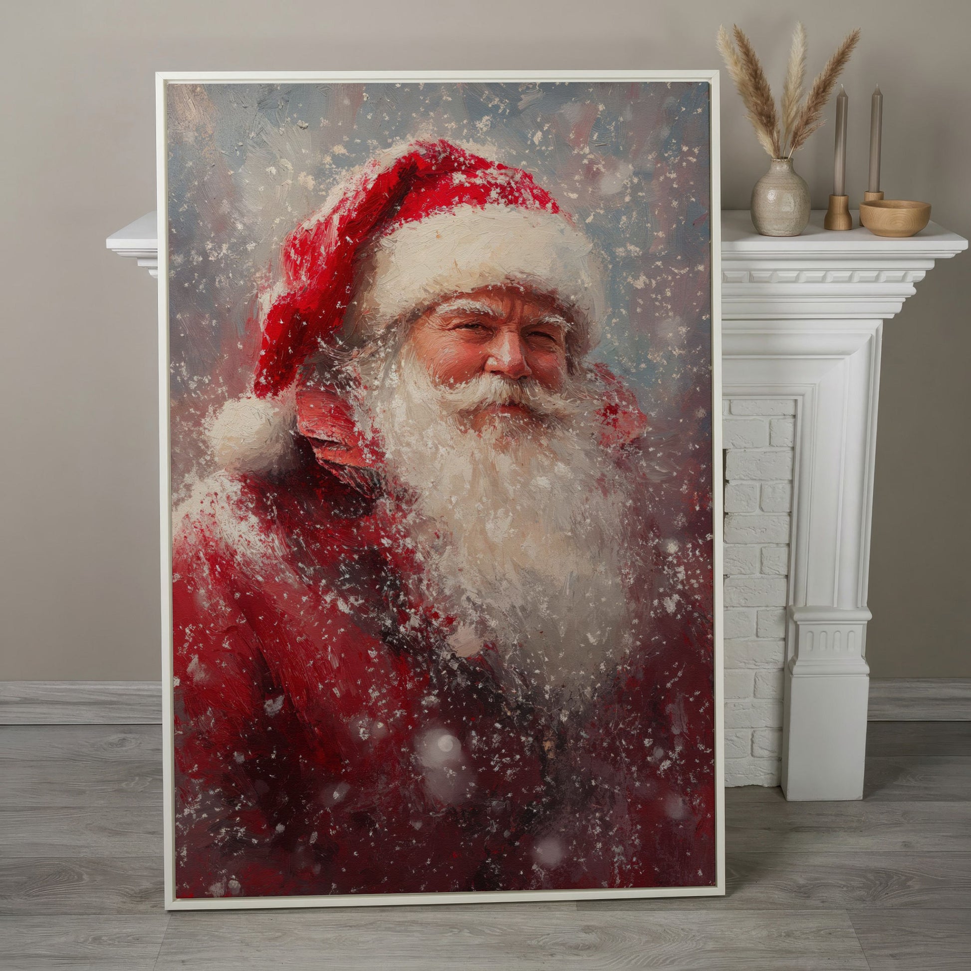 Classic Santa in Snowy Canvas Print in white floating frame