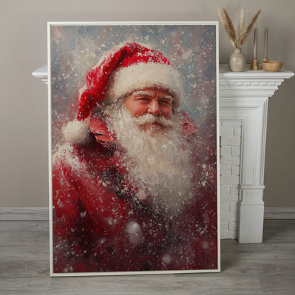 Classic Santa in Snowy Canvas Print in white floating frame