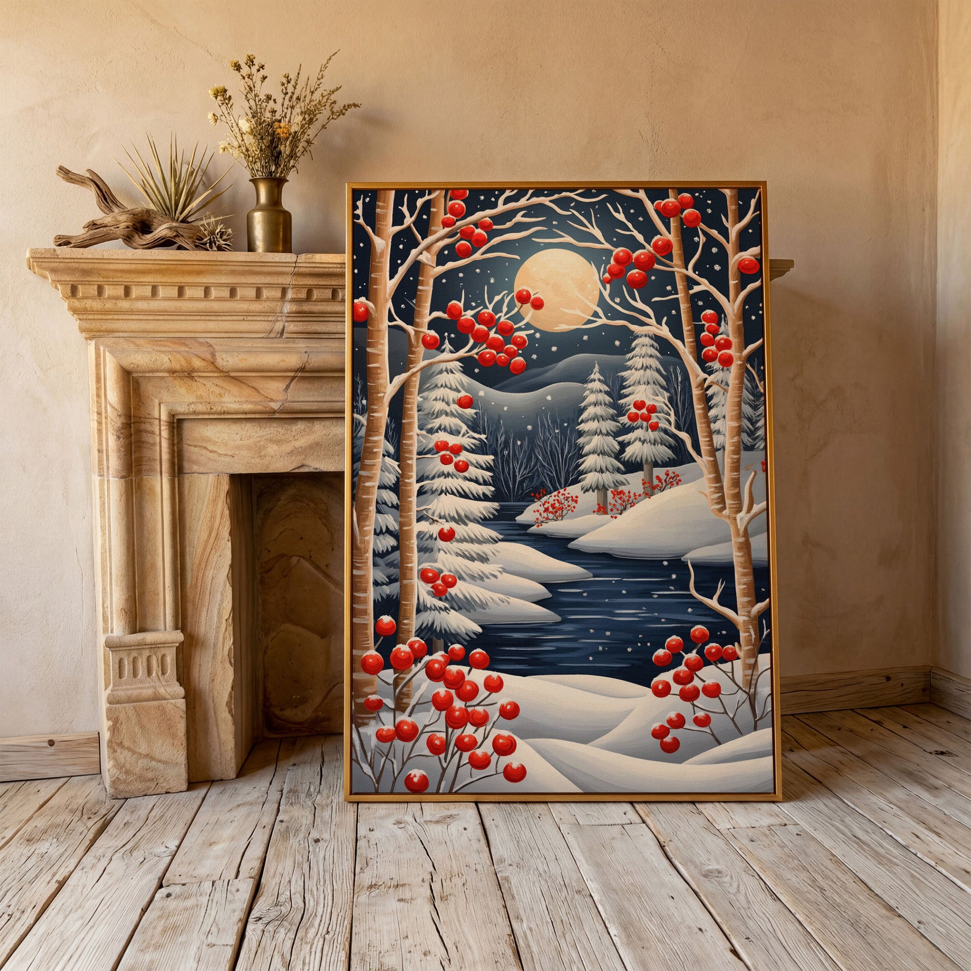 Winter Night River Canvas with Frost and Red Berries in antique gold floating frame