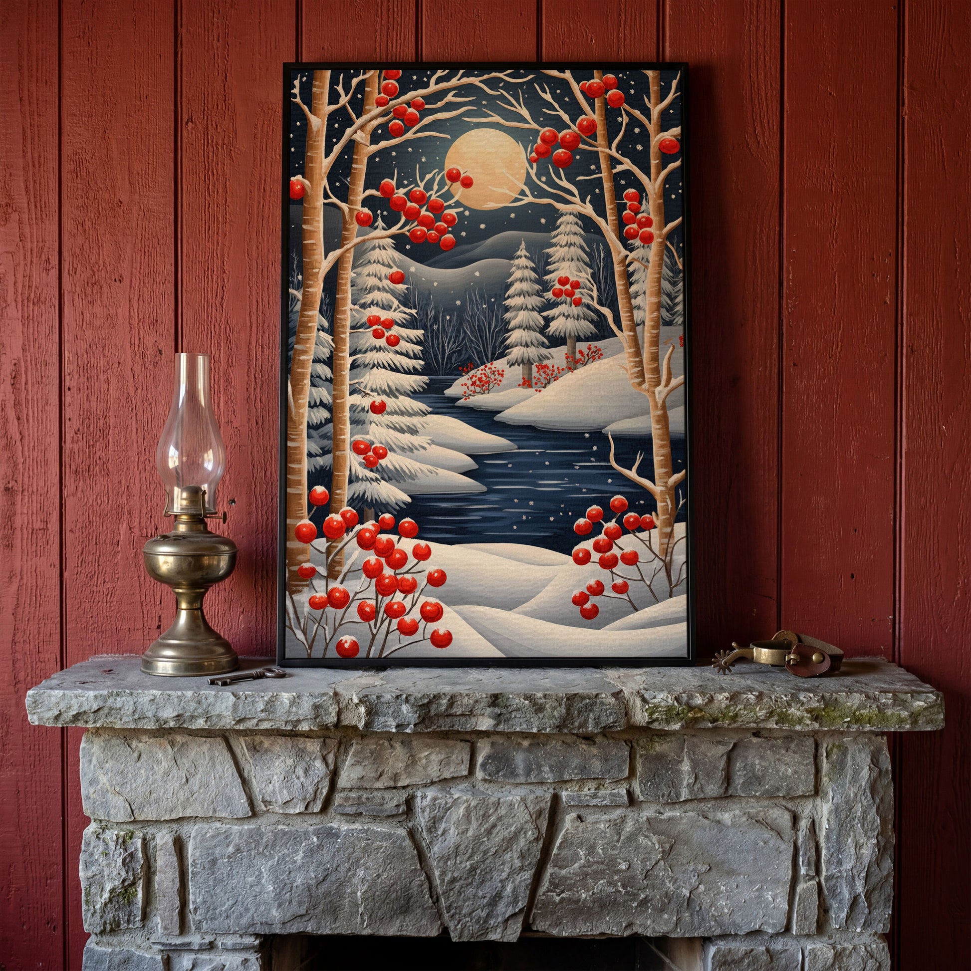 Winter Night River Canvas with Frost and Red Berries in black floating frame