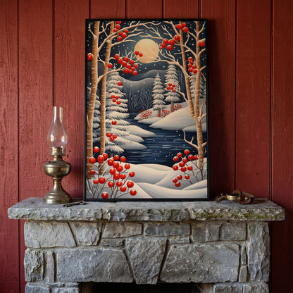 Winter Night River Canvas with Frost and Red Berries in black floating frame