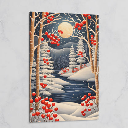 Winter Night River Canvas with Frost and Red Berries on gallery wrap