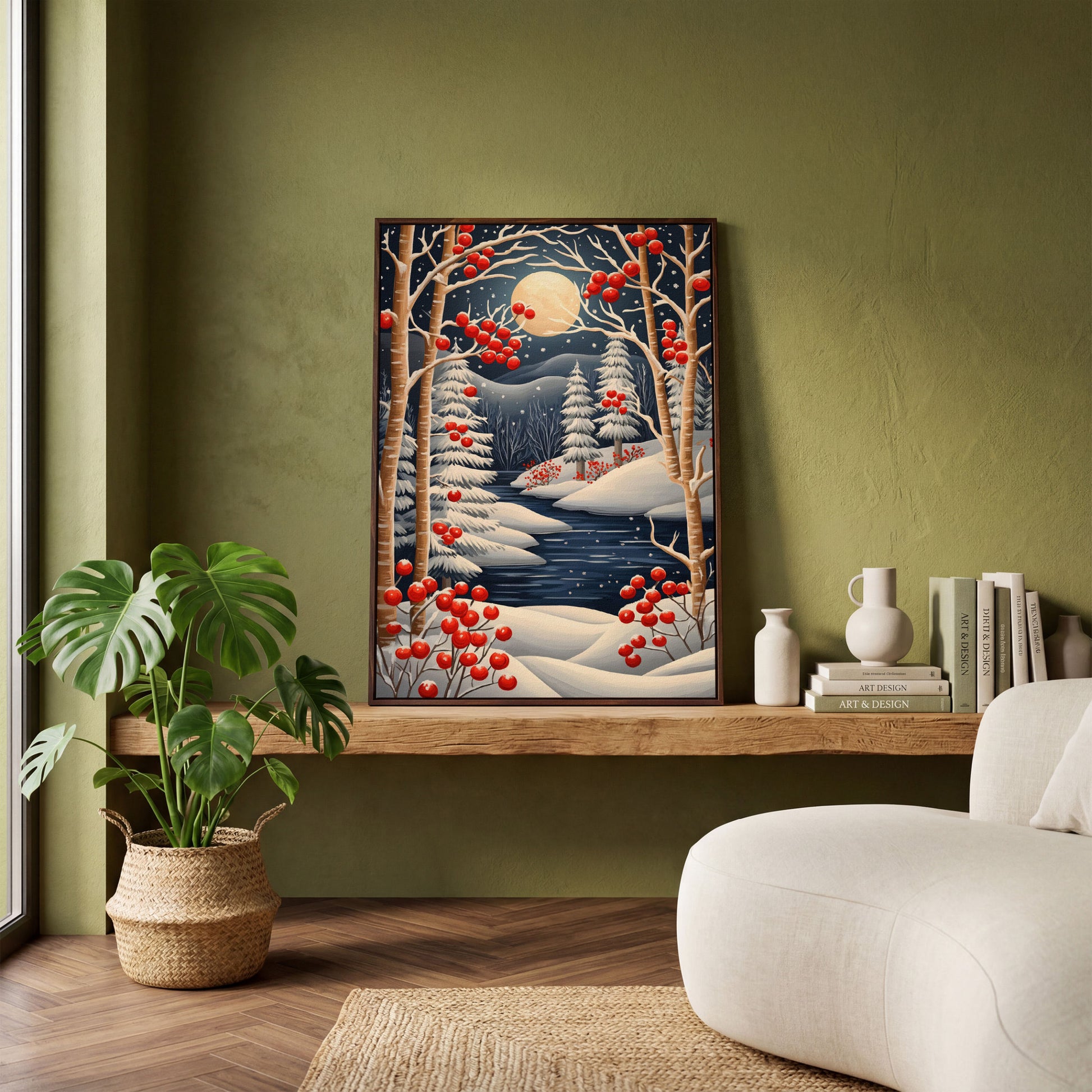 Winter Night River Canvas with Frost and Red Berries in dark walnut floating frame