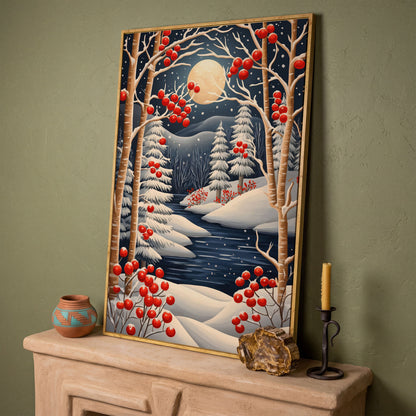 Winter Night River Canvas with Frost and Red Berries in white oak floating frame