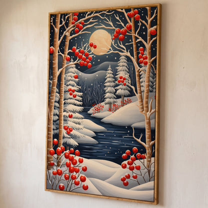 Winter Night River Canvas with Frost and Red Berries shown in white oak floating frame