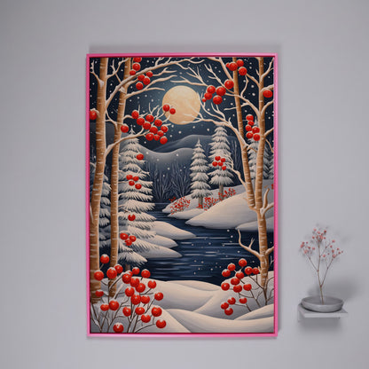 Winter Night River Canvas with Frost and Red Berries in pink floating frame
