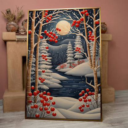 Winter Night River Canvas with Frost and Red Berries in rose gold floating frame