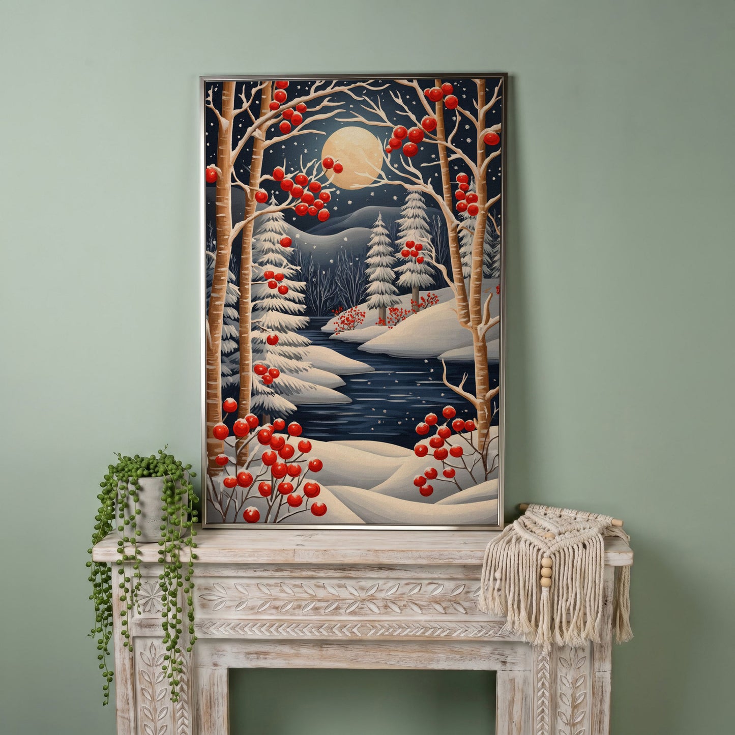Winter Night River Canvas with Frost and Red Berries in silver floating frame