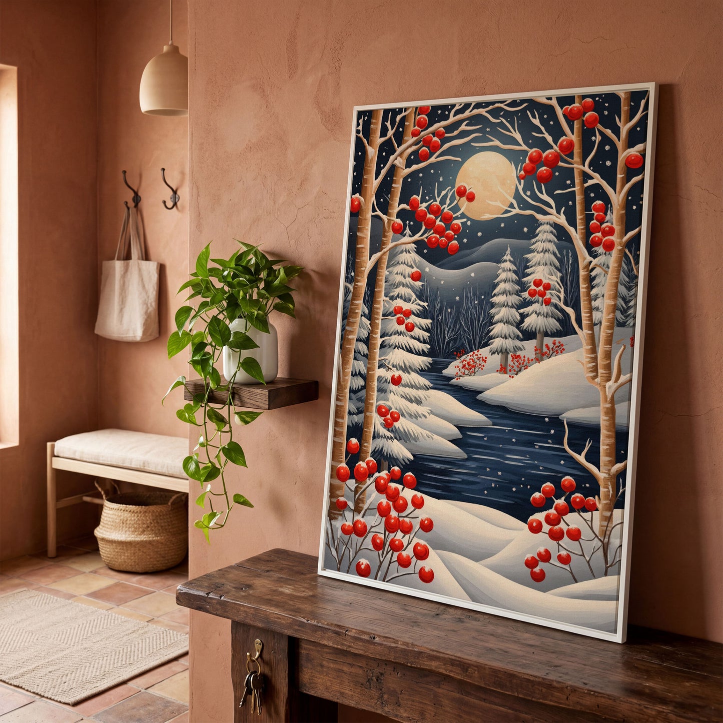 Winter Night River Canvas with Frost and Red Berries in white floating frame