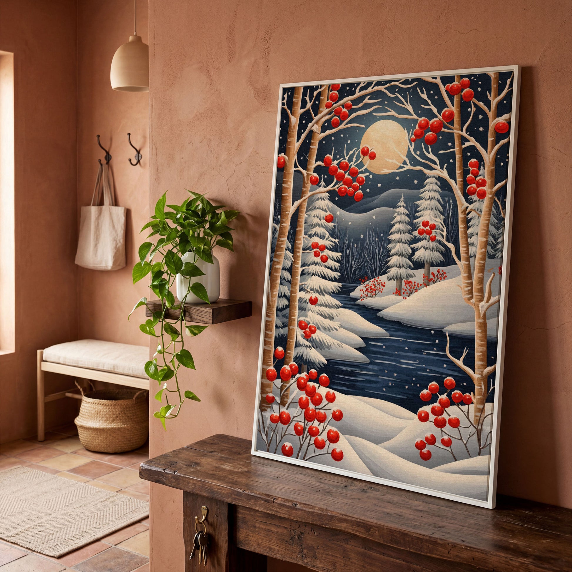 Winter Night River Canvas with Frost and Red Berries in white floating frame