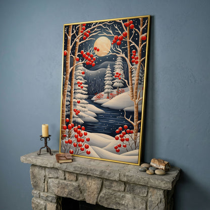 Winter Night River Canvas with Frost and Red Berries in yellow gold floating frame