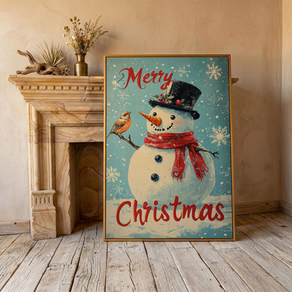 Festive Snowman with Bird Canvas Print in antique gold floating frame