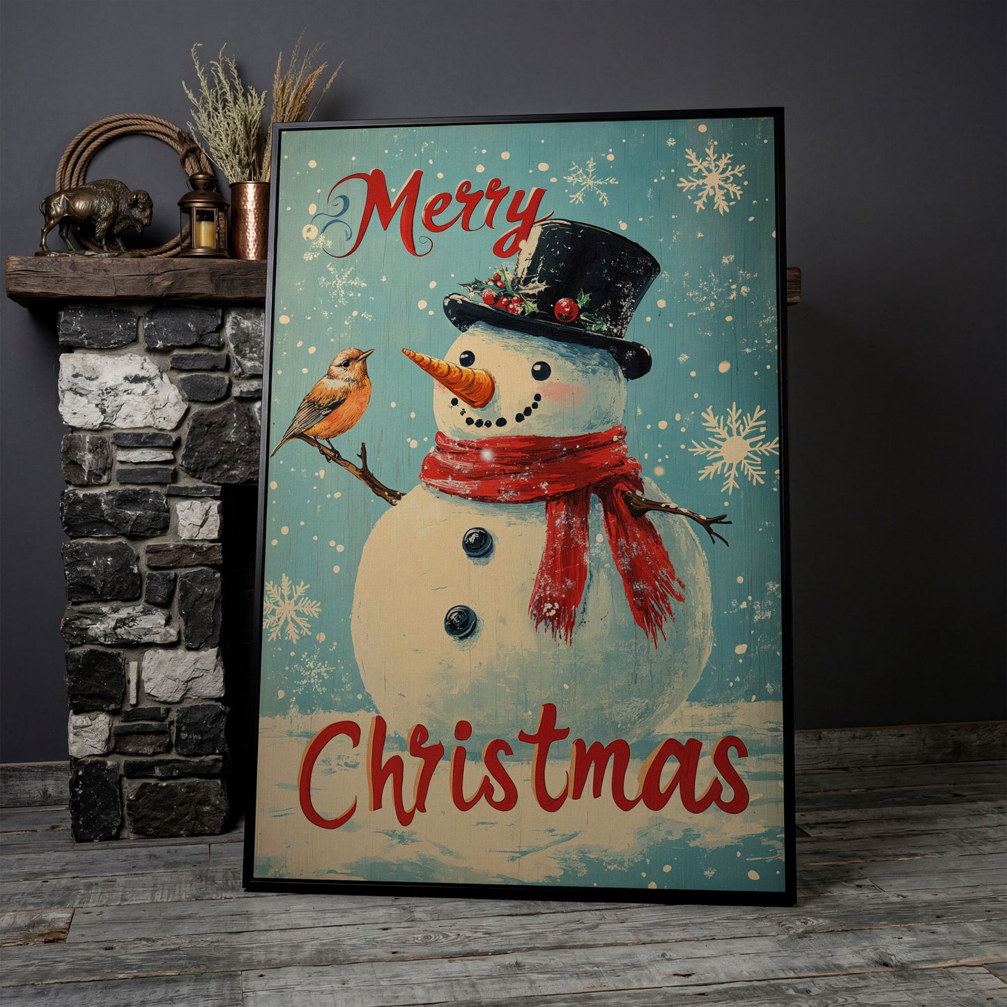 Festive Snowman with Bird Canvas Print in black floating frame