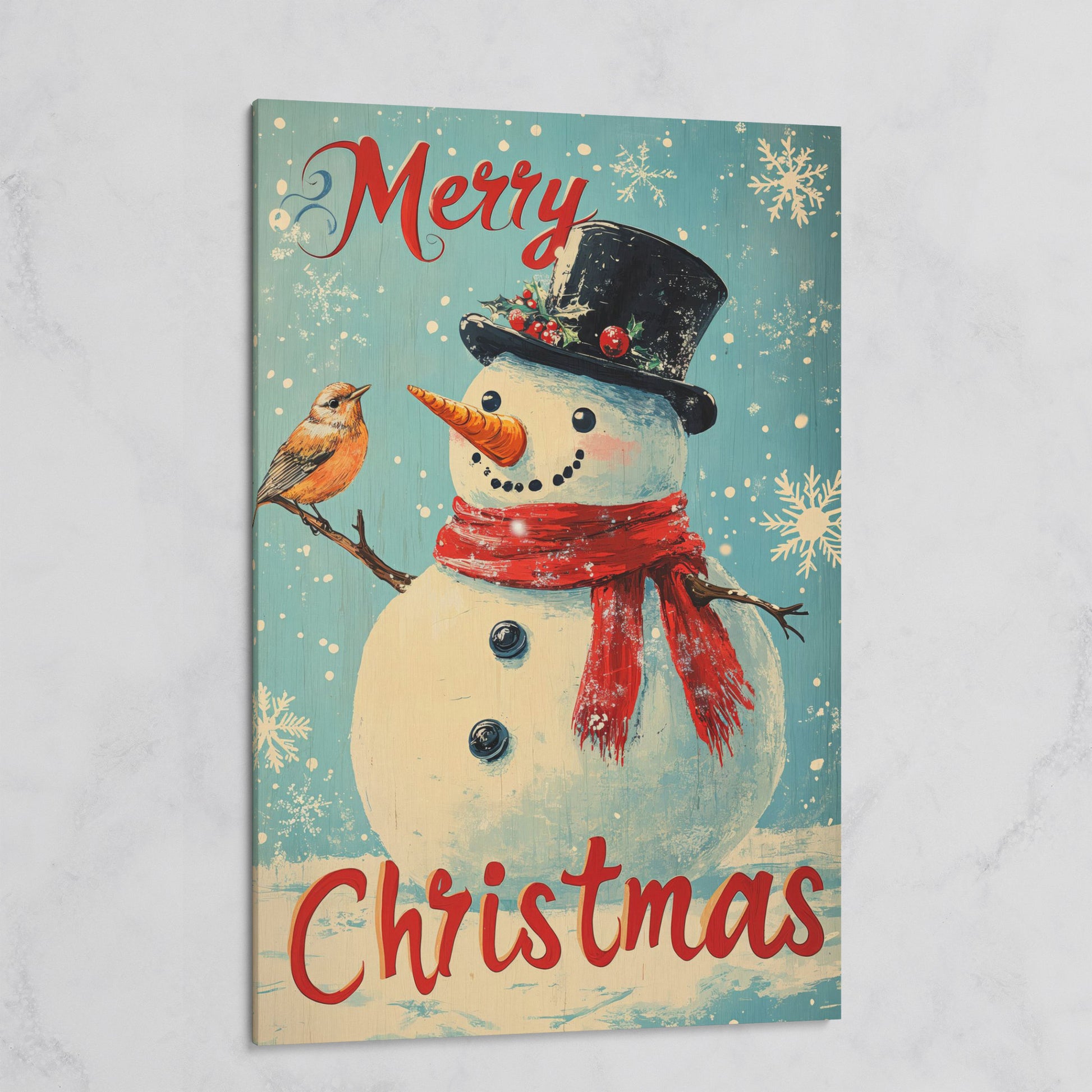 Festive Snowman with Bird Canvas Print on gallery wrap